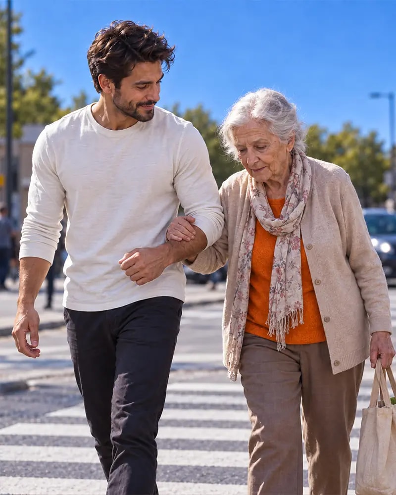 Helping an older neighbour across a sunlit street