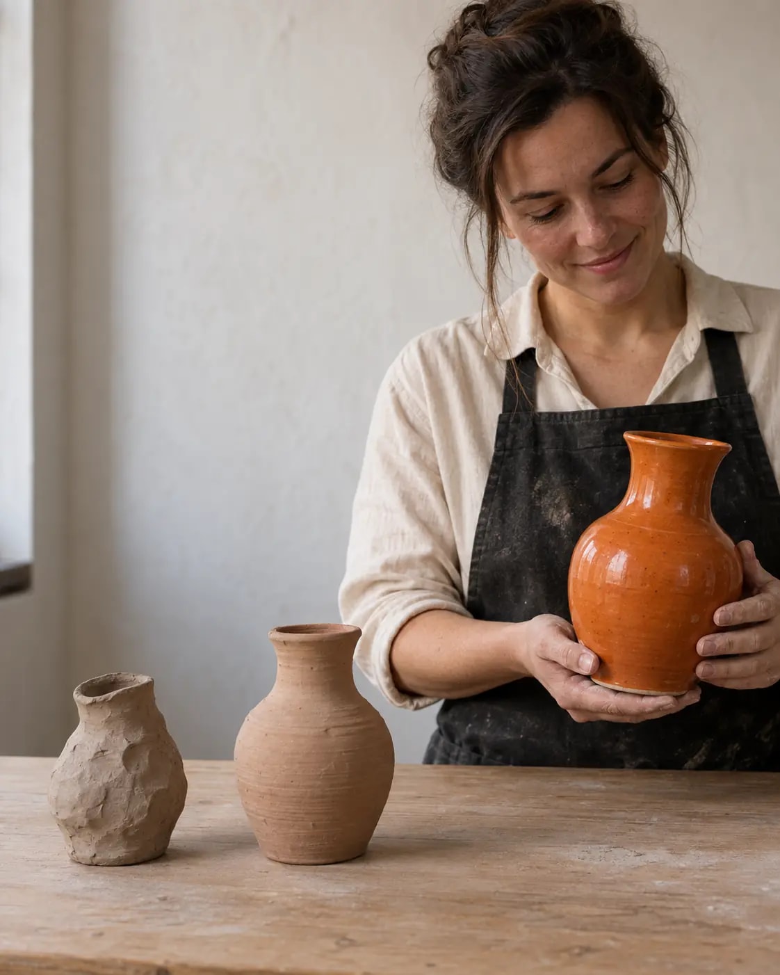 Hands finishing an orange-glazed vessel at the studio table