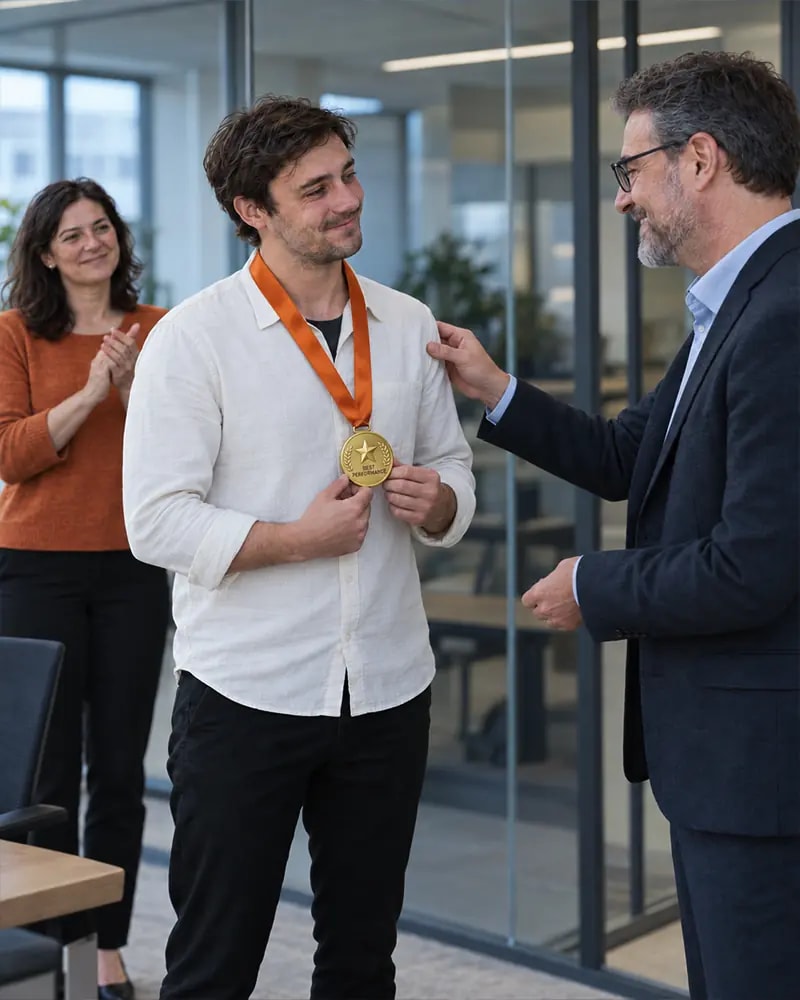 A teammate receiving a performance award in the office