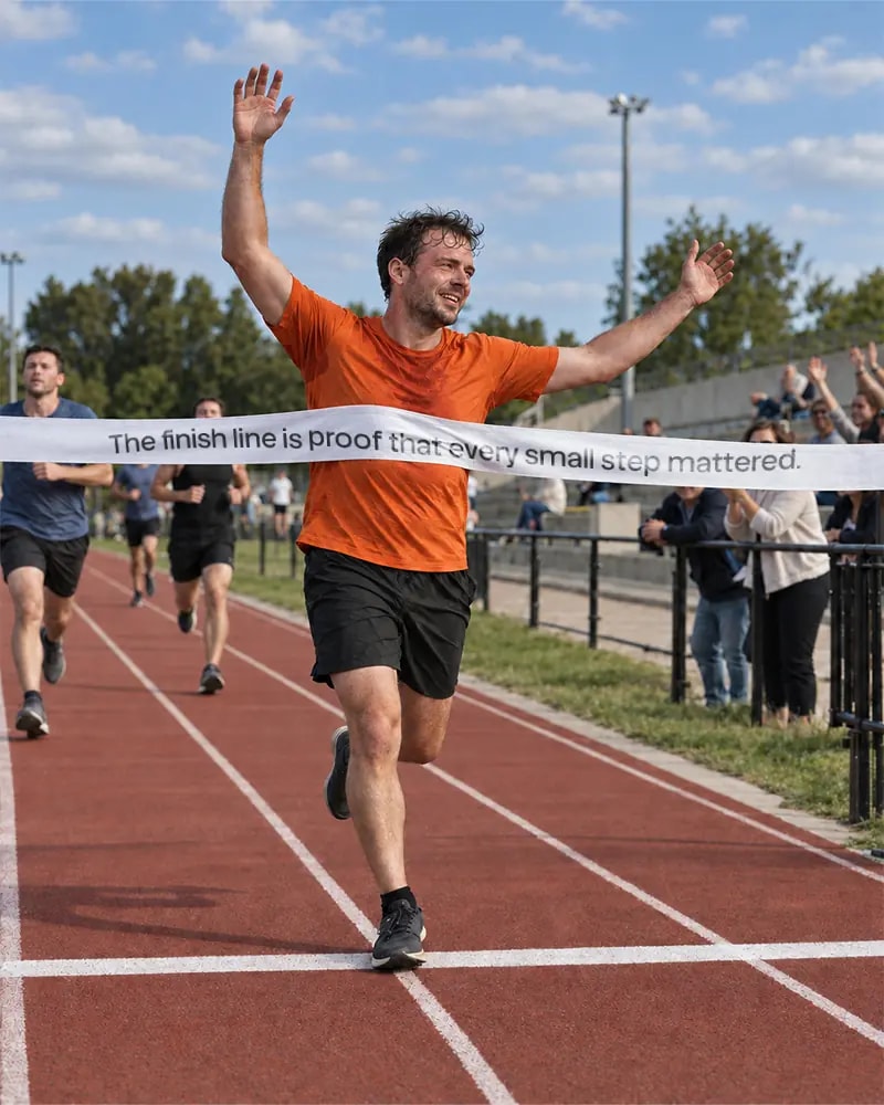 A runner in orange crossing the finish line on an outdoor track