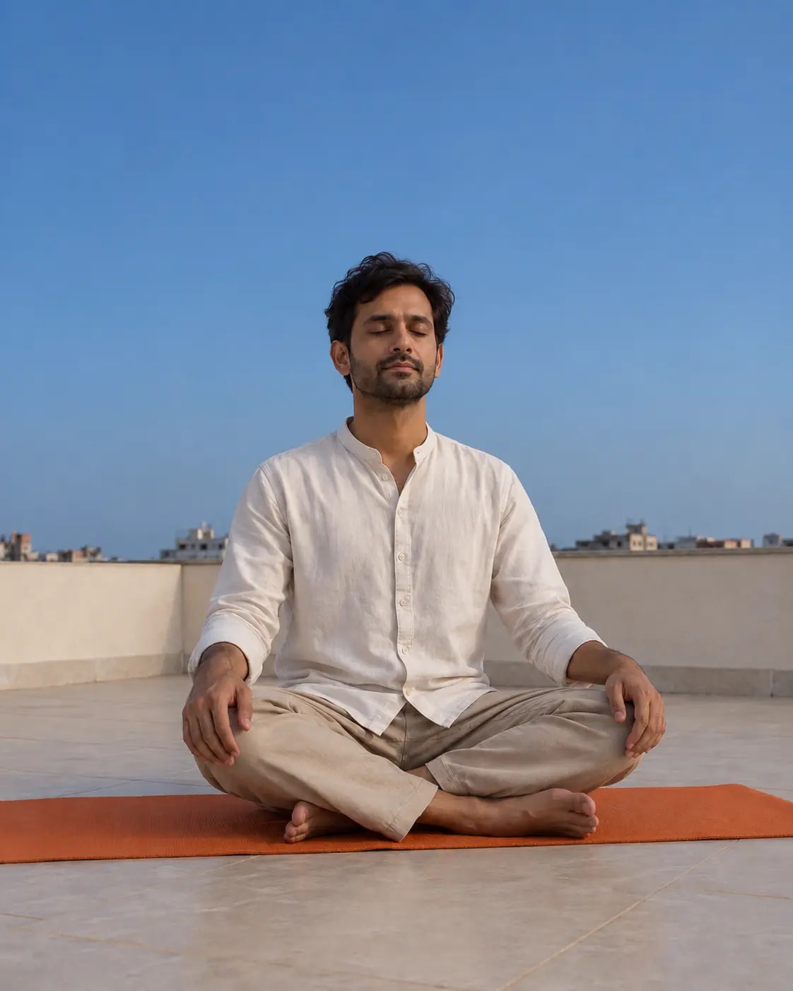 A quiet rooftop meditation on an orange mat under open sky