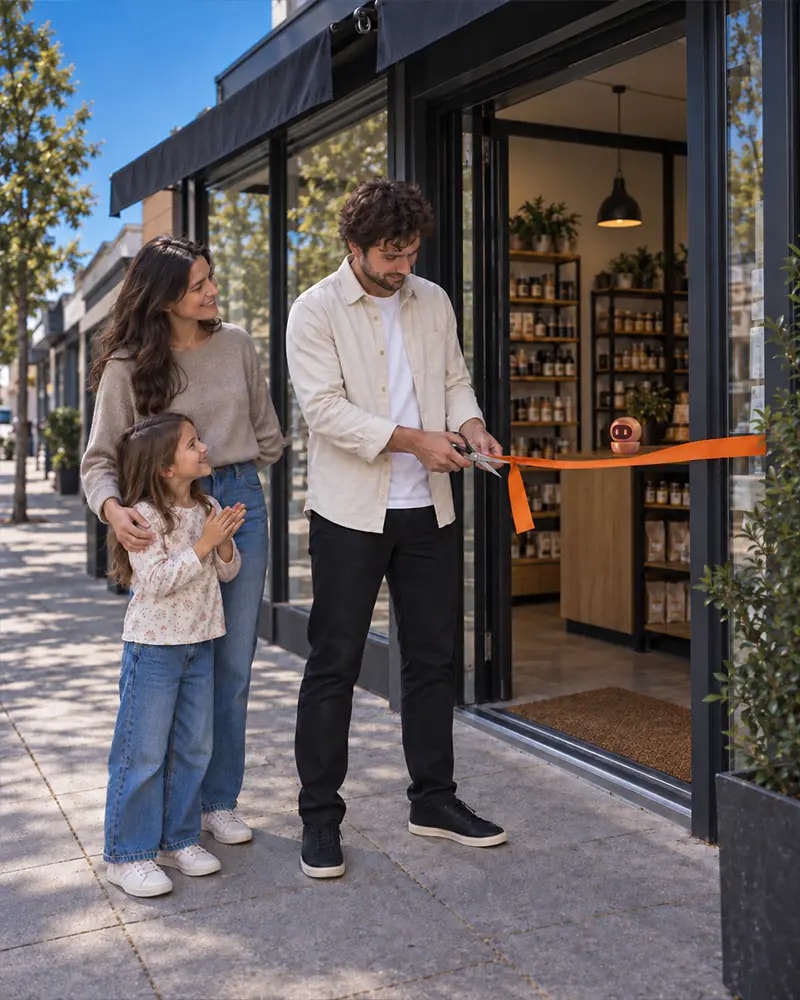 A family cutting an orange ribbon at a new shopfront
